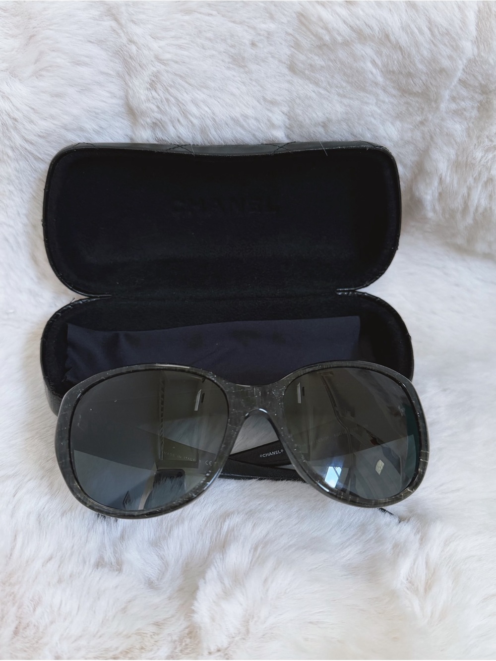 CHANEL Black Speckled Frame And Leather Quilted Sunglasses